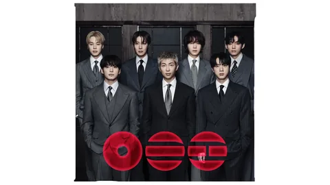 BTS's seven members in dark suits and ties on the ARIRANG album cover, the red title logo across the front
