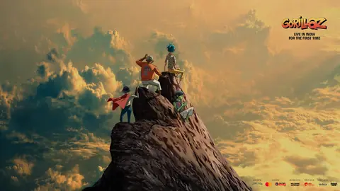 Gorillaz cartoon band members climbing a rocky peak above golden clouds, with the words Live in India