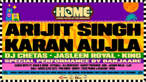 Official HOME festival Goa poster in yellow, purple and green, with Arijit Singh and Karan Aujla as headliners above DJ Chetas, Jasleen Royal and King