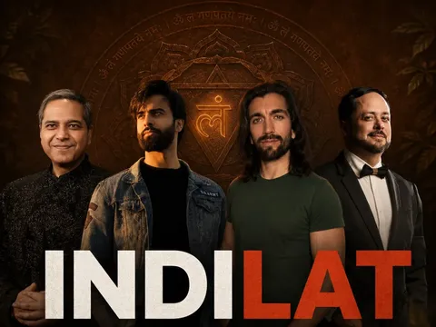 The four members of IndiLat standing side by side above the INDILAT title on dark brown, gold-patterned art