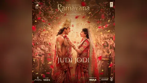 Official Judi Jodi single art from Ramayana: Ranbir Kapoor as Rama and Sai Pallavi as Sita in red wedding clothes under falling rose petals