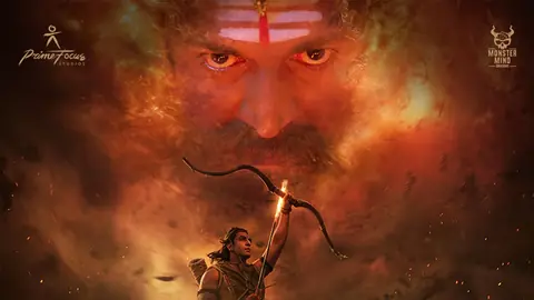 Official Ramayana trailer theme artwork: Yash as Ravana glowering through red smoke above Ranbir Kapoor as Rama drawing a flaming bow
