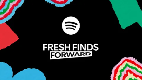 The Spotify logo above the words Fresh Finds Forward on black, framed by torn patches of bright colour