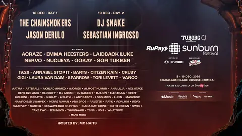 Sunburn Festival 2026 lineup poster with The Chainsmokers, Jason Derulo, DJ Snake and Sebastian Ingrosso on top