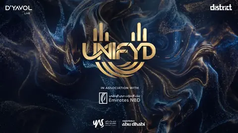 The gold UNIFYD festival logo on swirling dark blue and gold art, with Emirates NBD and Abu Dhabi logos below